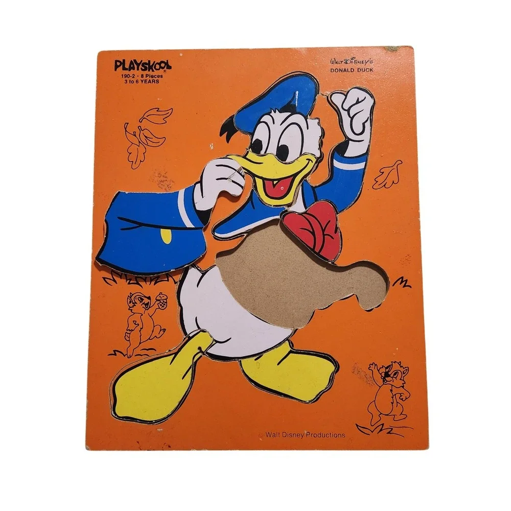 Vintage Playskool Donald‎ Duck Wood Tray Puzzle 8 Piece Disney 190-2 Orange